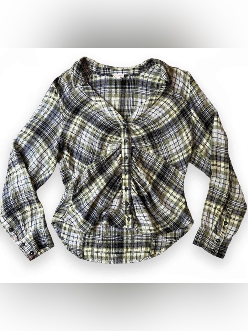 PILCRO Ruched Plaid Button Down Blouse Lime Green Size L